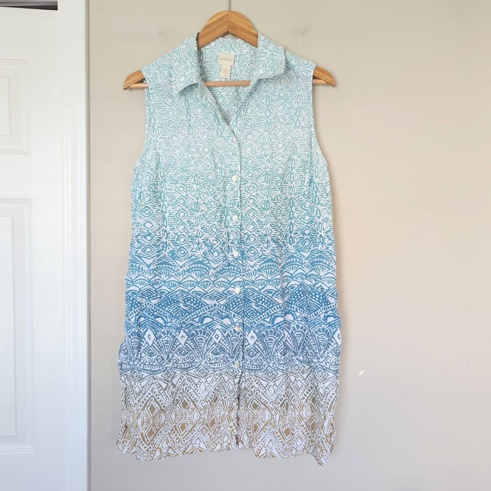 Chico's Ombre 100% Linen Button Up Sleeveless Tunic Blue Ocean Coastal Medium 1